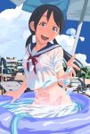  1girl black_hair bra midriff navel no_panties open_mouth original pink_bra school_uniform see-through serafuku smile splashing summer tagme teeth twintails underwear user_ppmu4477 wading_pool water wet wet_clothes 