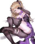  1girl black_dress black_legwear blonde_hair blush bow breasts dress embarrassed eyepatch feet fischl_(genshin_impact) foot_out_of_frame genshin_impact green_eyes hair_ribbon hand_on_own_face highres looking_at_viewer medium_breasts o_4656 open_mouth purple_bow ribbon simple_background single_thighhigh thighhighs white_background 