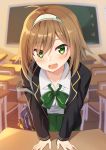  1girl :d ahoge arm_support bag bangs black_jacket blazer blush bow brown_hair chair collared_shirt commentary_request desk dress_shirt eyebrows_visible_through_hair eyes_visible_through_hair fang green_bow green_eyes green_skirt hair_between_eyes hair_over_one_eye hairband haru_(kuzuyu) highres indoors jacket komori_kuzuyu looking_at_viewer open_blazer open_clothes open_jacket open_mouth original pleated_skirt school_bag school_chair school_desk shirt skirt smile solo white_hairband white_shirt 