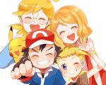  2boys 2girls ash_ketchum bangs baseball_cap blonde_hair blue_eyes blush bonnie_(pokemon) clemont_(pokemon) closed_eyes commentary_request eyebrows_visible_through_hair eyelashes fingerless_gloves gen_1_pokemon glasses gloves hat long_sleeves multiple_boys multiple_girls one_eye_closed open_mouth pikachu pokemon pokemon_(anime) pokemon_xy_(anime) red_headwear sasairebun serena_(pokemon) shiny shiny_hair short_hair sketch smile teeth tongue waving white_background 