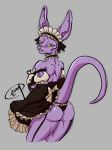  2020 anthro beerus butt clothed clothing crossdressing domestic_cat dragon_ball dragon_ball_super dress felid feline felis grey_background hairless hairless_cat hi_res koop_(artist) looking_at_viewer male mammal purple_body simple_background solo sphynx_(cat) teeth yellow_eyes 