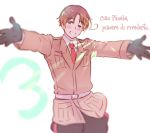  1boy ahoge axis_powers_hetalia bangs black_gloves black_pants blush brown_eyes brown_hair brown_jacket eyebrows_visible_through_hair gloves himaruya_hidekazu italian_text jacket male_focus necktie northern_italy_(hetalia) official_art one_eye_closed open_mouth outstretched_arms pants red_neckwear simple_background solo uniform white_background 