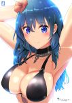  1girl armpits arms_up bare_arms bare_shoulders bikini black_bikini black_choker blue_eyes blue_hair breasts byleth_(fire_emblem) byleth_(fire_emblem)_(female) chinchongcha choker cleavage collarbone fire_emblem fire_emblem:_three_houses fire_emblem_heroes flower hair_flower hair_ornament hibiscus highres large_breasts long_hair looking_at_viewer simple_background smile solo swimsuit upper_body white_background 