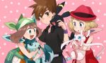  1boy 2girls bangs bare_arms black_shirt blonde_hair brown_hair commentary_request eyelashes gary_oak gen_2_pokemon gen_4_pokemon gen_6_pokemon glaceon gloves green_bandana green_eyes hat holding holding_pokemon jewelry may_(pokemon) multiple_girls necklace open_mouth pink_background pokemon pokemon_(anime) pokemon_(classic_anime) pokemon_(creature) pokemon_dppt_(anime) pokemon_on_back pokemon_xy_(anime) purple_wristband sasairebun serena_(pokemon) shirt short_hair smile spiked_hair sylveon tongue umbreon wristband 