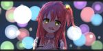  1girl alternate_costume bell earphones gloves green_eyes hair_bell hair_ornament hairclip hololive idol_clothes lights looking_at_viewer open_mouth osakilo pink_hair sakura_miko solo upper_teeth virtual_youtuber white_gloves x_hair_ornament 