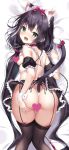  1girl animal_ears ass_grab back bangs bed_sheet black_bra black_hair black_legwear black_skirt blush bow bra breasts cat_ears cat_tail censored choker dakimakura eyebrows_visible_through_hair futaba_miwa garter_belt grabbing_own_ass green_eyes hair_bow heart heart_censor karyl_(princess_connect!) long_hair low_twintails multicolored_hair princess_connect! princess_connect!_re:dive red_bow skirt small_breasts solo streaked_hair tail tail_bow thighhighs tongue tongue_out top-down_bottom-up twintails underwear white_hair wrist_cuffs 