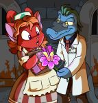  acara_(neopets) anthro blue_body chaoskomori clipboard clothing detailed_background doctor duo eyewear female flower fur glasses jumpstart_games krawk_(neopets) male male/female mammal name_tag neopet_(species) neopets nurse nurse_uniform plant red_body red_fur rust surprised_expression uniform video_games 