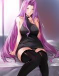  1girl backless_dress backless_outfit bangs bare_shoulders black_legwear blush breasts dress fate/stay_night fate_(series) forehead highres index_finger_raised large_breasts long_hair looking_at_viewer meme_attire nr_noir parted_bangs purple_eyes purple_hair rider smile sweater sweater_dress thighhighs thighs turtleneck turtleneck_sweater very_long_hair virgin_killer_sweater 