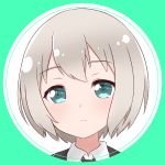 1girl aoba_moca bang_dream! bangs blush bob_cut closed_mouth collared_shirt commentary eyebrows_visible_through_hair green_background green_eyes grey_hair highres ixia_(ixia424) looking_at_viewer necktie portrait round_image school_uniform shirt short_hair solo symbol_commentary white_shirt 