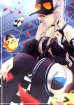  &gt;_&lt; 1girl asymmetrical_gloves aviator_sunglasses azur_lane bare_shoulders belt black_legwear breasts checkered checkered_flag cleavage enterprise_(azur_lane) enterprise_(wind_catcher)_(azur_lane) eyewear_on_headwear fingerless_gloves flag gloves hair_through_headwear halter_dress halterneck highres looking_at_viewer manjuu_(azur_lane) medium_breasts miyuki_(9029009) official_alternate_costume orange-tinted_eyewear purple_eyes race_queen racetrack single_fingerless_glove sitting solo sunglasses thighhighs tinted_eyewear white_belt 