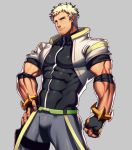  1boy bara black_gloves blonde_hair bulge chest covered_abs covered_navel facial_hair fingerless_gloves gloves gyee hand_on_hip looking_to_the_side lvlv male_focus muscle pants radian_(gyee) shirt short_hair shrug_(clothing) sideburns solo stubble taut_clothes taut_shirt thick_thighs thighs tight tight_pants tight_shirt 