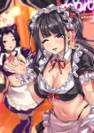  2girls absurdres apron black_hair black_legwear black_shirt blurry blurry_background breasts cleavage crop_top depth_of_field detached_collar frilled_shirt frills hand_up highleg highres himekawa_(shashaki) large_breasts long_hair looking_at_viewer maid maid_apron maid_headdress midriff miniskirt mole mole_on_breast mole_under_eye multiple_girls navel neck_ribbon one_eye_closed open_mouth original purple_hair ribbon shashaki shirt short_sleeves skirt smile stomach thighhighs twintails wrist_cuffs zettai_ryouiki 