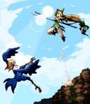  2girls blonde_hair bow cloud day dress dust green_bow green_dress hair_bow harpy helmet holding holding_weapon long_hair low-tied_long_hair lowres monster_girl multiple_girls open_mouth outdoors pixel_art polearm riesz seiken_densetsu seiken_densetsu_3 sky sun sunlight warabin_(suteki_denpun) weapon 