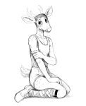  2020 anthro argyle_(pattern) boxers_(clothing) cervid clothing deer_prince footwear hi_res hladilnik kneeling male mammal monochrome shirt socks solo tank_top topwear underwear 