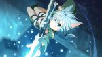  1girl animal_ears aqua_hair black_ribbon blue_eyes bow_(weapon) breastplate cat_ears cat_tail closed_mouth fairy frown highres holding holding_bow_(weapon) holding_weapon midriff navel ribbon shiny shiny_hair short_hair_with_long_locks sinon sinon_(sao-alo) sword_art_online tail thigh_strap user_tzem5258 weapon 