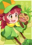  1girl bangs capelet character_name chespin commentary_request eyelashes gen_6_pokemon green_headwear green_shirt hat mairin_(pokemon) open_mouth pokemon pokemon_(anime) pokemon_(creature) pokemon_on_arm pokemon_xy_(anime) red_hair sasairebun scarf shirt star_(symbol) suspenders tongue yellow_eyes yellow_scarf 