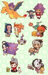  3girls 5boys ahoge allister_(pokemon) aqua_eyes bangs bea_(pokemon) beanie belt bike_shorts black_hair black_hairband blue_hair boots bow_hairband brown_eyes brown_footwear brown_hair cape chandelure charizard chewtle chibi collared_shirt commentary_request dark_skin dark_skinned_male dreepy dynamax_band earrings eyewear_on_head fukaya_miku fur-trimmed_cape fur_trim galarian_form galarian_zigzagoon gen_1_pokemon gen_2_pokemon gen_3_pokemon gen_4_pokemon gen_5_pokemon gen_6_pokemon gen_8_pokemon gengar goomy green_eyes grey_hair grey_headwear grookey gym_leader hair_between_eyes hair_bun hairband hat highres hitmontop hoop_earrings jacket jewelry knee_pads leon_(pokemon) long_hair long_sleeves mask mr._rime multicolored_hair multiple_boys multiple_girls nessa_(pokemon) orange_hair pants piers_(pokemon) pokemon pokemon_(creature) pokemon_(game) pokemon_swsh purple_hair raihan_(pokemon) red_cape red_shirt rotom rotom_phone sandals scorbunny scraggy shirt shoes short_sleeves side_ponytail sleeves_rolled_up sobble sonia_(pokemon) starter_pokemon_trio sunglasses swept_bangs trapinch two-tone_hair victor_(pokemon) white_footwear white_jacket white_neckwear white_pants yamper 