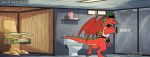  2020 american_dragon:_jake_long anthro bathroom blitzdrachin bodily_fluids bottomless claws clothed clothing conditional_dnp digital_drawing_(artwork) digital_media_(artwork) disney dragon english_text eyes_closed furniture hair jake_long patreon red_body scalie shower solo sweat text tired toilet topwear url wings 