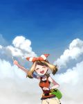  1girl arm_up bow_hairband bracelet closed_eyes cloud commentary_request day eyelashes fanny_pack hairband index_finger_raised jewelry light_brown_hair may_(pokemon) open_mouth outdoors pokemon pokemon_(game) pokemon_oras red_hairband sasairebun shirt shorts sky sleeveless sleeveless_shirt smile solo teeth tongue white_shorts 