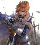  1girl armor armored_dress artoria_pendragon_(all) bangs blonde_hair braid cape crown crown_braid excalibur fate/grand_order fate_(series) faulds field_of_blades fur_trim gauntlets green_eyes hair_between_eyes hair_bun highres kdm_(ke_dama) saber standing sword weapon 