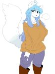  absurd_res alpha_channel anthro blue_hair boots bottomwear breath_cloud canid canine canis celine_(cuddlesong) celinefoong clothing domestic_dog female fluffy fluffy_tail footwear hair hand_sign hi_res long_hair looking_aside mammal pants solo sweater topwear 