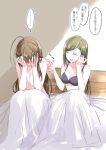  ... 2girls :d after_sex ahoge bed_sheet black_bra blush bra breasts brown_hair closed_eyes collarbone embarrassed face_in_hands facing_another green_hair highres idolmaster idolmaster_shiny_colors kuwayama_chiyuki large_breasts long_hair medium_breasts morning multiple_girls nanakusa_hazuki nude open_mouth poking romi_(346_ura) sitting smile translated underwear yuri 