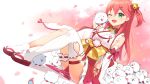  1girl 35p_(sakura_miko) bare_shoulders bell cat green_eyes hair_bell hair_ornament hairclip highres hololive mirai_(mirai76_) one_eye_closed open_mouth paw_print_pattern pink_hair sakura_miko sandals single_thighhigh thighhighs virtual_youtuber white_legwear x_hair_ornament 