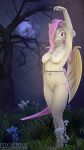  3d_(artwork) 4k 9:16 absurd_res anthro anthrofied bat_pony breasts digital_media_(artwork) equid female flutterbat_(mlp) fluttershy_(mlp) foxventus friendship_is_magic genitals hair hair_over_eye hasbro hi_res mammal moon my_little_pony night nipples one_eye_obstructed outside pussy solo text tree url 