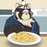  1:1 anthro asian_clothing belly canid canine clothing east_asian_clothing food hi_res japanese_clothing k_gutless kimono live-a-hero male mammal overweight overweight_anthro overweight_male pasta raccoon_dog shoen solo spaghetti tanuki 