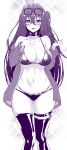  1girl ahoge azur_lane bangs bare_shoulders bikini black_bikini black_choker black_hair black_legwear blush breasts choker cleavage commentary_request crossed_bangs d_kurouri eyebrows_visible_through_hair eyewear_on_head hair_between_eyes hand_on_own_chest hand_up highres jacket large_breasts long_hair looking_at_viewer monochrome navel off-shoulder_jacket open_mouth race_queen smile solo standing stomach sunglasses swimsuit taihou_(azur_lane) taihou_(enraptured_companion)_(azur_lane) thighhighs very_long_hair 