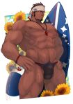  1boy abs absurdres bara black_male_swimwear bulge check_copyright copyright_request covered_penis cropped_torso crow_(siranui) dark-skinned_male dark_skin facial_hair floral_background flower goatee hands_on_hips headband highres large_pectorals lifeguard long_sideburns looking_at_viewer male_focus male_pubic_hair male_swimwear mature_male muscular muscular_male navel navel_hair nipples original pectorals pubic_hair pubic_hair_peek scar scar_on_arm scar_on_chest scar_on_leg short_hair sideburns solo stomach sunflower surfboard swim_briefs thick_thighs thighs topless_male whistle whistle_around_neck 