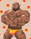  2020 abs absurd_res bald barazoku big_muscles blizzard_entertainment bulge candy candy_corn clothing crossed_arms ear_piercing ear_ring eyebrow_piercing facial_hair facial_piercing food garrosh_hellscream halloween hi_res holidays humanoid jack-o&#039;-lantern_print lip_piercing looking_at_viewer maldu male muscular muscular_humanoid muscular_male navel nipples orc orc_humanoid pecs piercing pink_background simple_background smile solo speedo standing swimwear tattoo tusk_ring tusks video_games warcraft 