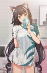  1girl absurdres animal_ear_fluff animal_ears black_hair blurry blurry_background breasts cat_ears cellphone cowboy_shot damwon_gaming depth_of_field green_eyes highres holding holding_phone karyl_(princess_connect!) long_hair multicolored_hair no_pants noah_(pixiv) pajamas_challenge phone princess_connect! princess_connect!_re:dive self_shot shirt solo streaked_hair t-shirt twintails very_long_hair 