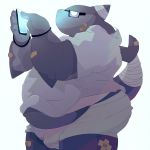  1:1 2020 anthro band-aid bandage belly bulge cellphone clothing dumdum eyewear fish glasses hi_res kemono male marine overweight overweight_anthro overweight_male phone shark shirt simple_background smartphone solo topwear underwear white_background 