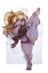  big_breasts blonde_hair bra breasts clothed clothing female flexible genitals hair hi_res humanoid_pointy_ears league_of_legends navel not_furry one_leg_up pigtails poppy_(lol) purple_eyes pussy pussy_floss pwcsponson raised_leg riot_games short_stack simple_background solo splits spread_legs spreading standing_splits thick_thighs thong topless underwear vertical_splits video_games white_background wide_hips yordle 