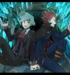  2boys bangs black_cape black_jacket black_pants cape cave collared_shirt commentary_request hand_up highres holding_hands jacket jewelry kometubu0712 lance_(pokemon) long_sleeves looking_back multiple_boys open_mouth pants pokemon pokemon_(game) pokemon_hgss pokemon_oras red_hair ring shirt sitting smile spiked_hair steven_stone tongue white_shirt yaoi 