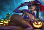  1girl alexander_dinh ass black_gloves black_hair blue_eyes breasts capelet cleavage commentary english_commentary fur_trim genshin_impact gloves hair_between_eyes halloween hat jack-o&#039;-lantern legs lips long_hair looking_at_viewer lying medium_breasts mona_(genshin_impact) open_mouth pumpkin purple_headwear revision solo striped striped_headwear twintails witch_hat 