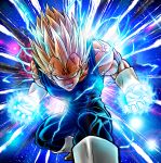  1boy blonde_hair bodysuit boots clenched_teeth commentary_request covered_abs dragon_ball dragon_ball_z energy facial_mark forehead_mark gloves glowing highres looking_at_viewer majin_vegeta male_focus muscle solo spiked_hair studio_viga teeth vegeta veins white_footwear white_gloves 