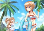  3girls :d :o bangs bare_arms bare_shoulders bikini blanc blue_eyes blush breasts brown_hair casual_one-piece_swimsuit choujigen_game_neptune closed_mouth collarbone commentary_request covered_navel day eyebrows_visible_through_hair frilled_bikini frills hair_between_eyes hiding holding horizon innertube long_hair multiple_girls navel neptune_(series) ocean one-piece_swimsuit open_mouth outdoors palm_tree parted_lips ram_(neptune_series) rom_(neptune_series) sakaki_jin&#039;ya short_hair siblings sisters small_breasts smile swimsuit tree very_long_hair water water_gun white_bikini white_swimsuit 