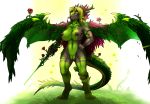  anthro blade_arm blonde_hair breasts claws dragon female flower genitals green_body green_eyes grey_body hair hi_res horn link2004 multicolored_body nipples plant pussy scalie simple_background solo two_tone_body weapon wings 