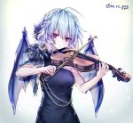  1girl ahoge alternate_costume bat_wings black_dress blue_hair closed_mouth dress eyebrows_visible_through_hair hair_between_eyes here_(hr_rz_ggg) instrument looking_at_viewer no_hat no_headwear red_eyes remilia_scarlet short_hair smile solo touhou twitter_username violin wings 