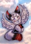  absurd_res anthro belzeboop blep canid canine feathers female fluffy hi_res mammal paws soft solo tongue tongue_out wings wuffkitty 