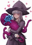  bangs blue_eyes blue_lips blunt_bangs blush closed_mouth creature eldritch_abomination eyebrows_visible_through_hair freckles grey_hair hat heart highres holding holding_creature hug open_mouth original purple_headwear simple_background sumosamo sweat tentacles tongue tongue_out white_background witch witch_hat 