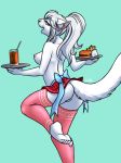  5_fingers 5_toes anthro bottomwear butt clothed clothing domestic_cat feet felid feline felis female fingers furball_(artist) hair humanoid_feet legwear mammal mostly_nude no_underwear plantigrade simple_background skirt solo thigh_highs toes topless white_background white_hair 