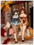  2020 anthro asian_clothing bag bare_shoulders big_breasts border breasts brown_hair canid canine canis cleavage clothed clothing daughter digital_media_(artwork) digitigrade dragonfu duo east_asian_clothing eyebrows eyelashes female fox fur gillian hair hi_res holding_arms holding_object japanese_clothing kimono legwear mammal mother mother_and_child mother_and_daughter orange_body orange_fur outside parent parent_and_child purple_eyes skimpy smile story story_in_description tamara_fox thigh_highs walking white_border wolf 