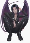  absurd_res black_hair black_lips breasts crouching eyebrows fangs female hair hand_in_hair hi_res humanoid jewelry jmidler leather_suit lips long_tail necklace necklase purple_eyes simple_background solo spade_tail touching_hair vampire vinslet wings 