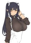  1girl bangs black_hair black_shirt blush bracelet breasts elf elf_(houtengeki) hair_ribbon houtengeki jewelry large_breasts long_sleeves looking_at_viewer original pointy_ears ribbon shirt sidelocks simple_background twintails underbust yellow_eyes 