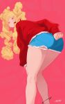  1girl ankleband ass bent_over blonde_hair denim denim_shorts drill_hair highres jacket looking_at_viewer looking_back mofu_mofuko_(ryusei_hashida) orange_eyes original pink_background red_jacket ryusei_hashida short_shorts shorts simple_background solo standing thighs torn_clothes twin_drills twintails 