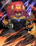  2018 5_fingers absurd_res altart alterant alternate_species animal_humanoid big_breasts bowser bowsette_meme breasts breath clothing collar crossgender crown dress ear_piercing female fingers fire hair hi_res horn humanoid koopa_humanoid mario_bros meme nintendo piercing red_hair scalie scalie_humanoid smile solo spiked_collar spikes super_crown video_games 