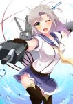  1girl antenna_hair belt black_legwear breasts cannon eyebrows_visible_through_hair green_eyes grey_hair hair_ribbon hair_tie highres kantai_collection kazuki_kan kinugasa_(kantai_collection) medium_breasts necktie one_eye_closed one_side_up open_mouth remodel_(kantai_collection) ribbon smile solo standing standing_on_one_leg thighhighs turret water white_background yellow_neckwear 